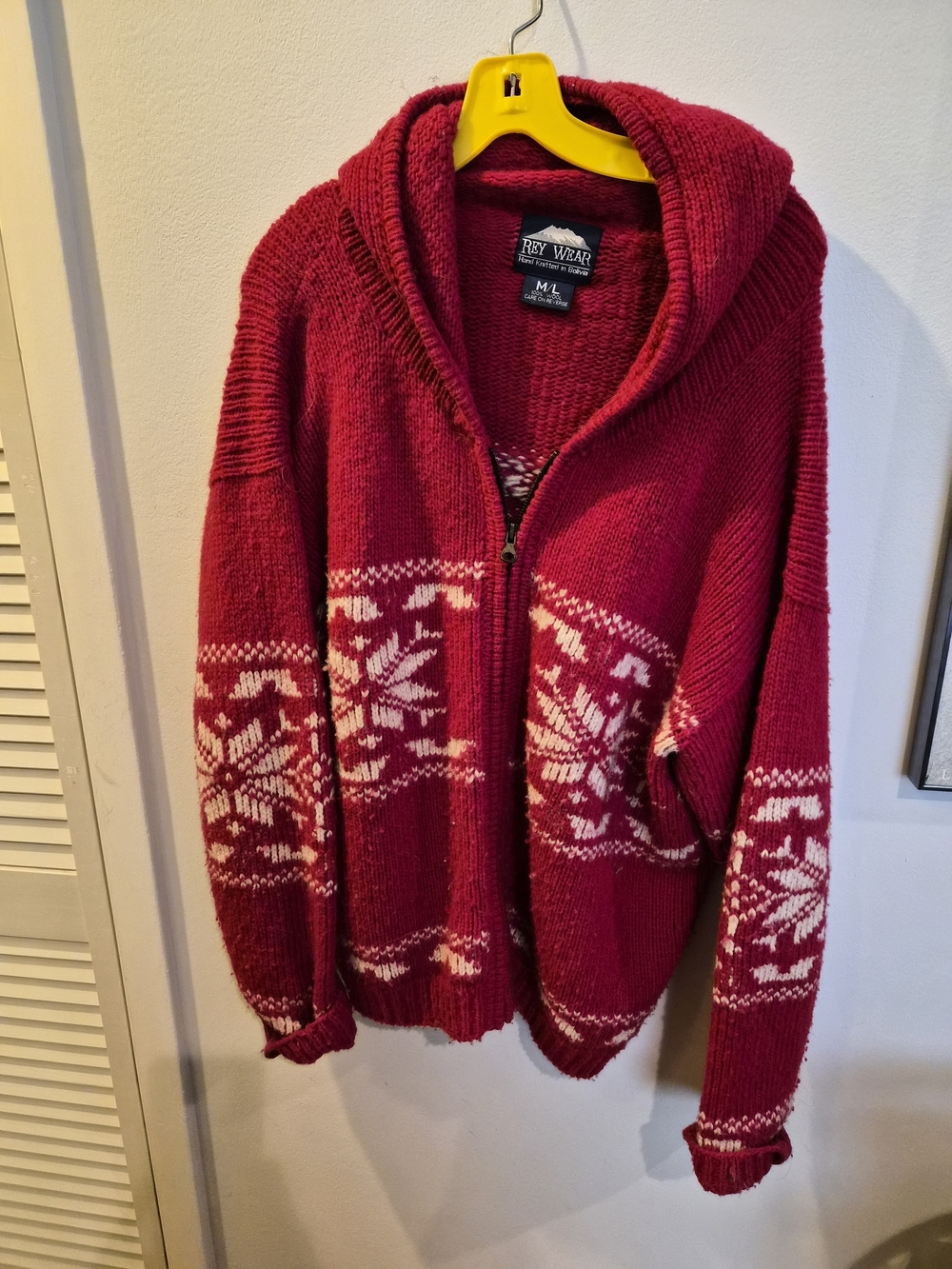Rey Wear 100% Wool Hand Knitted Zip-Up Hooded Nordic Sweater Red Cream M/L